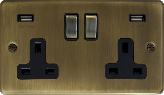 Contour Antique Brass 2 Gang Socket with USB (Brass Switches)