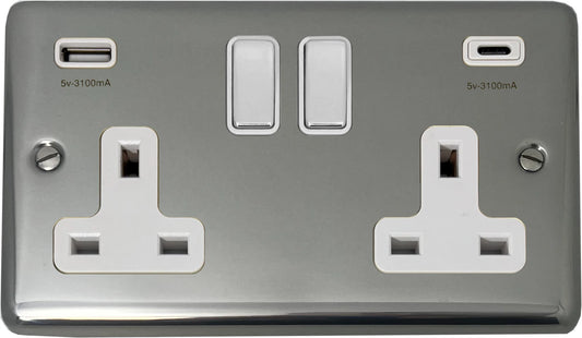 Contour Polished Steel 2 Gang Socket + USBC