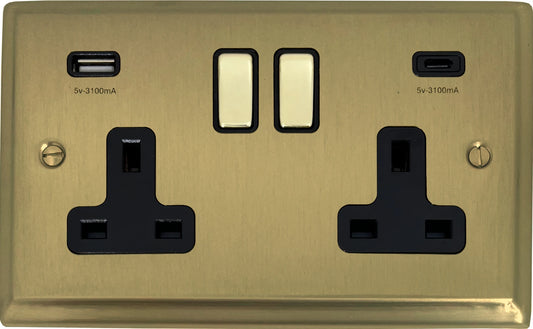 Deco Satin Brass 2 Gang Socket C/W USBC Ports