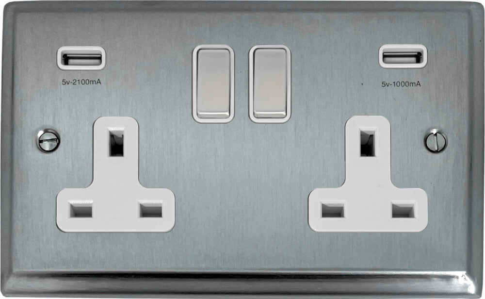 Deco Satin Chrome 2 Gang Socket C/W Usb Ports