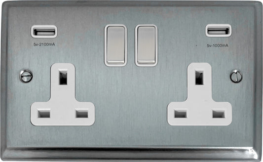 Deco Satin Chrome 2 Gang Socket C/W Usb Ports