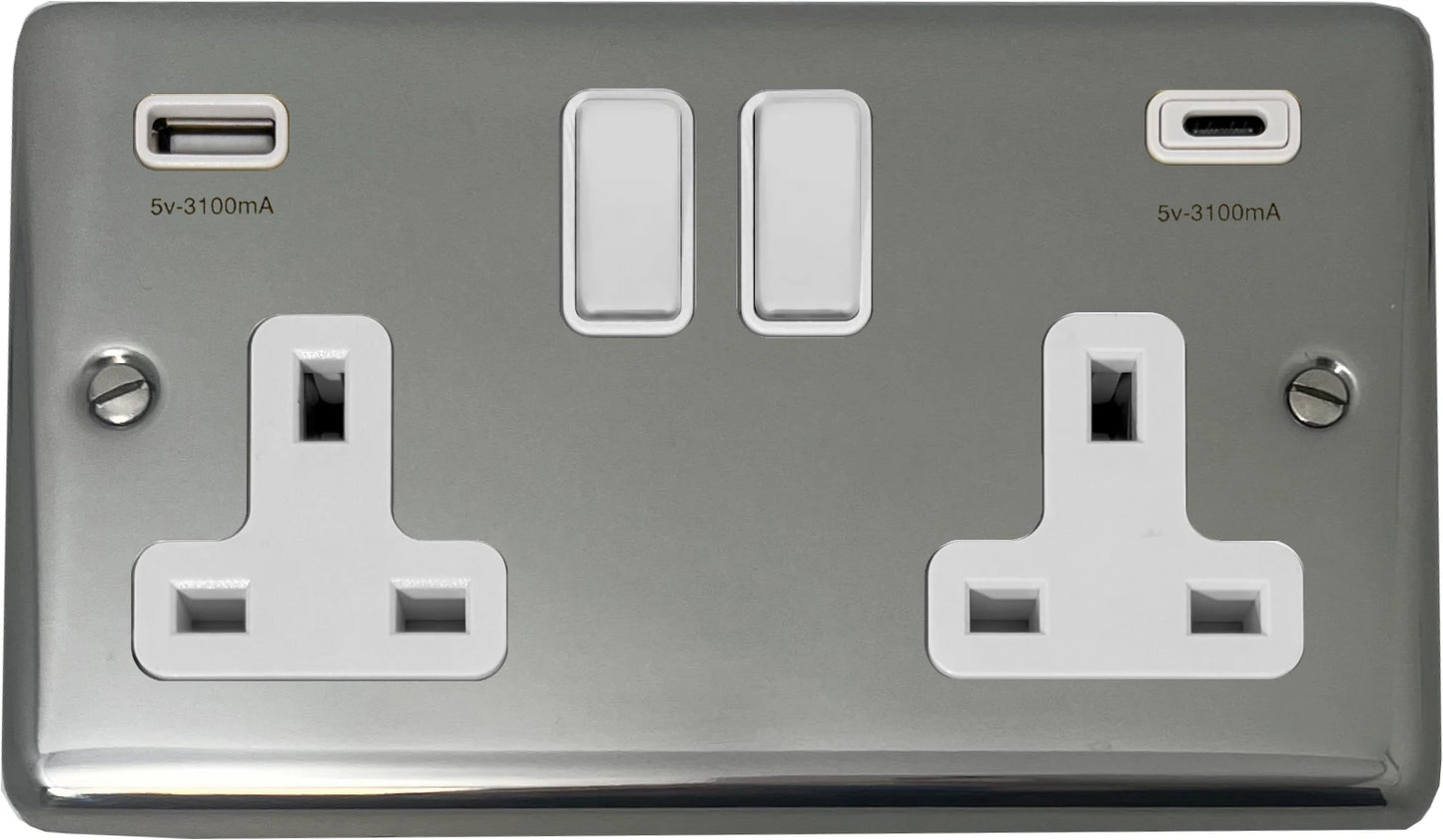 Contour Polished Steel 2 Gang Socket + USBC