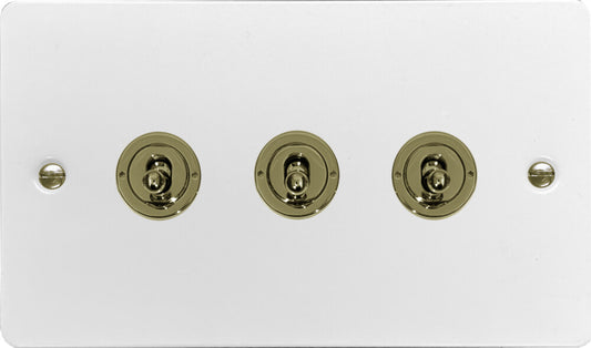 Flat White 3 Gang Toggle (Polished Brass Toggle)