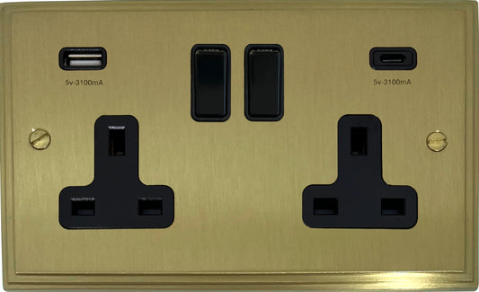 Victorian  Satin Brass  2 Gang Socket with USBC