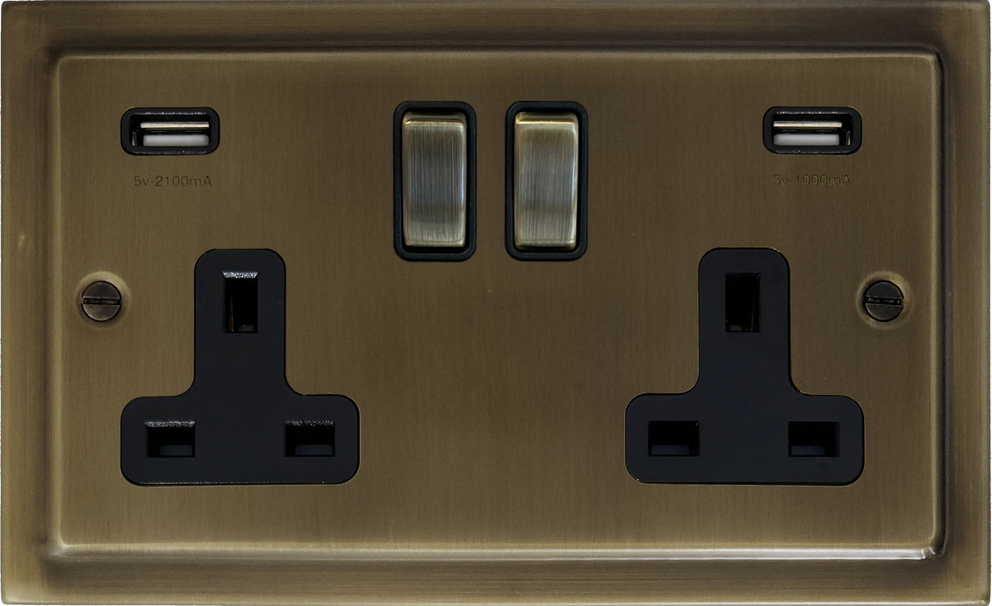 Victorian Antique Brass 2 Gang USB Socket (Brass Switches)