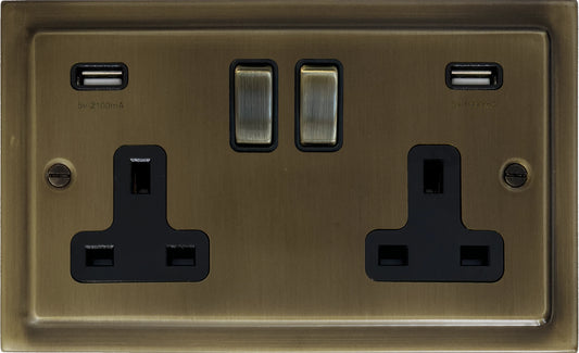 Victorian Antique Brass 2 Gang USB Socket (Brass Switches)