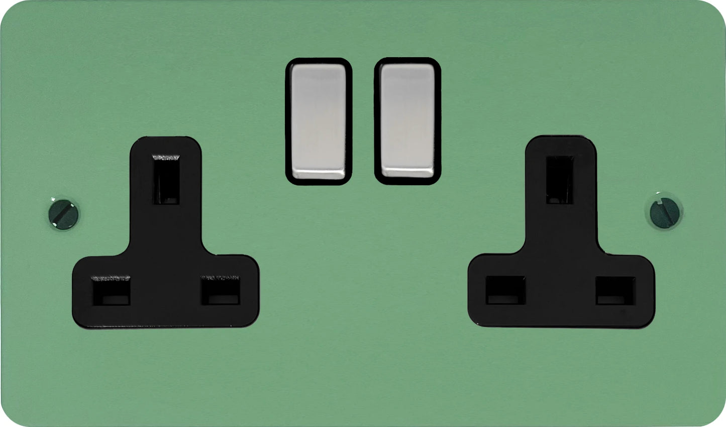 Flat Sage Green 2 Gang Socket (Satin Chrome Switches/Black Inserts)