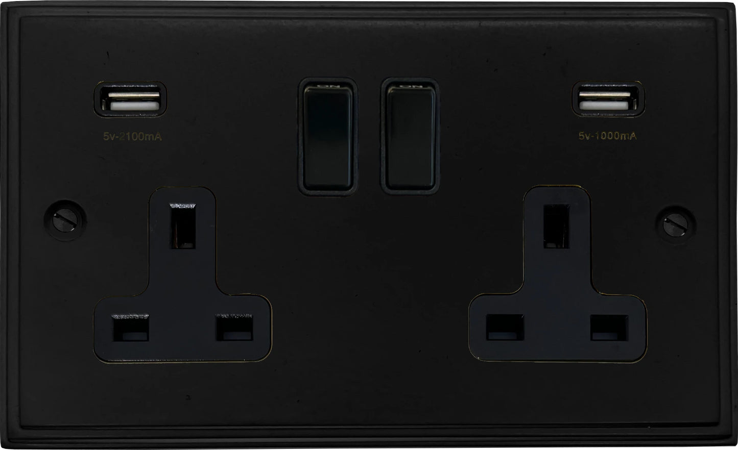 Victorian  Flat Black  2 Gang Socket with USB