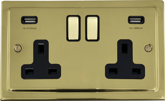 Victorian Unlacquered Brass 2 Gang Socket C/W Usb Port (Black Insert) - Victorian Cast range electrical socket