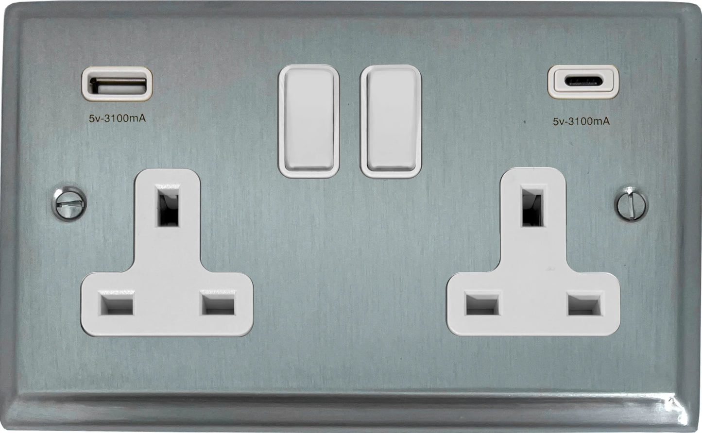 Deco Satin Chrome 2 Gang Socket C/W USBC Ports