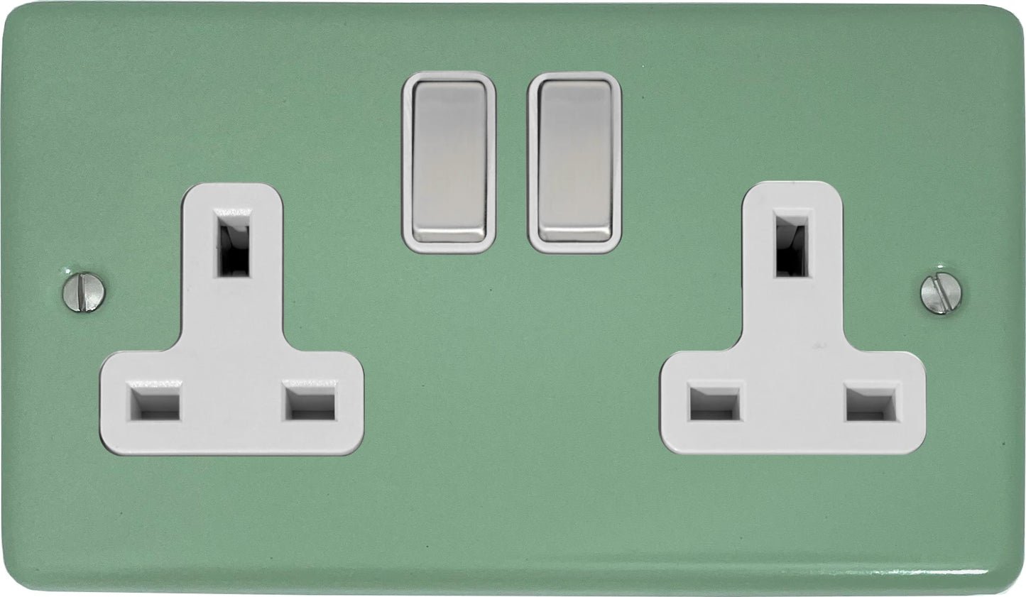 Classic Sage Green 2 Gang Socket (Satin Chrome Switch/White Insert)