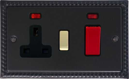 Georgian Flat Black Cooker Socket (Brass Switch)