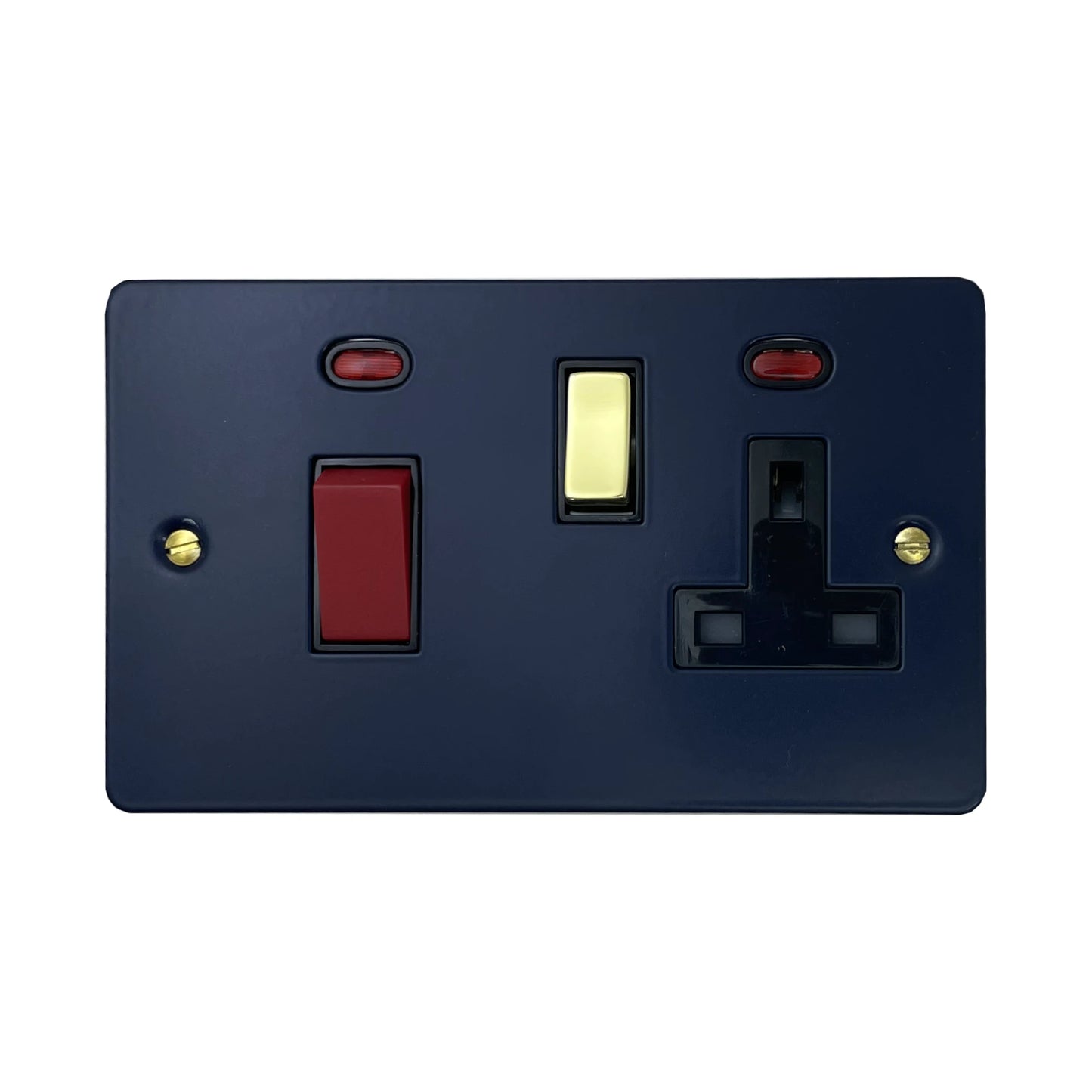Flat Blue 45 Amp Cooker Switch and Socket (Polished Brass Switches/Black Inserts)