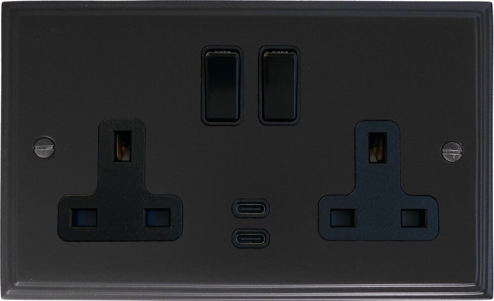 Victorian  Flat Black  2 Gang Socket with USBC