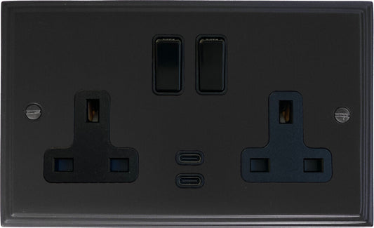 Victorian  Flat Black  2 Gang Socket with USBC