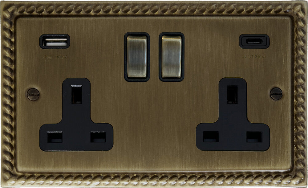 Georgian Antique Brass 2 Gang USBC Socket (Brass Switches)