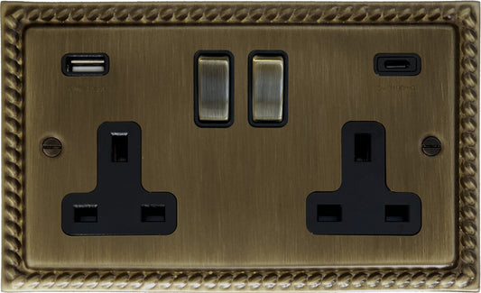 Georgian Antique Brass 2 Gang USBC Socket (Brass Switches)