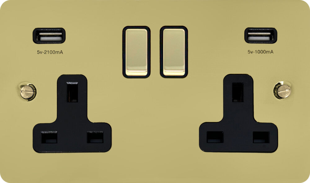 Flat Polished Brass 2 Gang Socket with USB