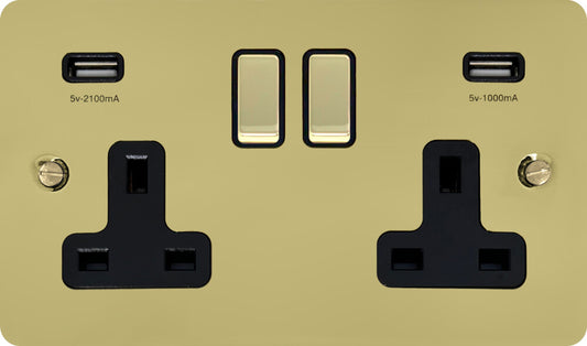 Flat Polished Brass 2 Gang Socket with USB
