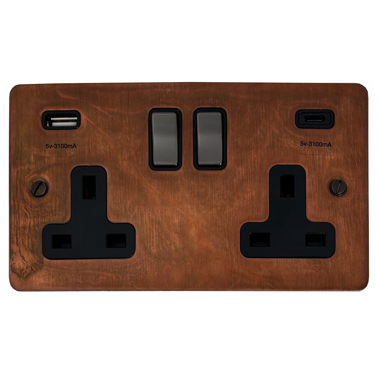 Flat Tarnished Copper 2 Gang Socket C/W USBC Ports