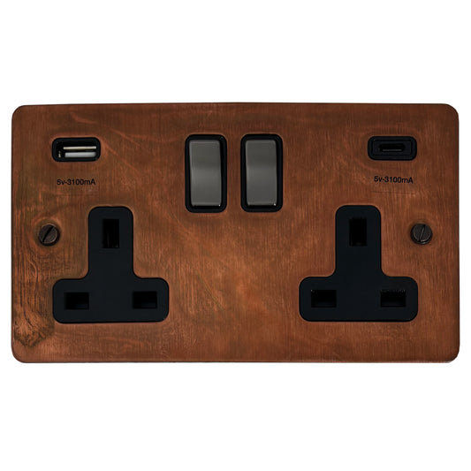 Flat Tarnished Copper 2 Gang Socket C/W USBC Ports