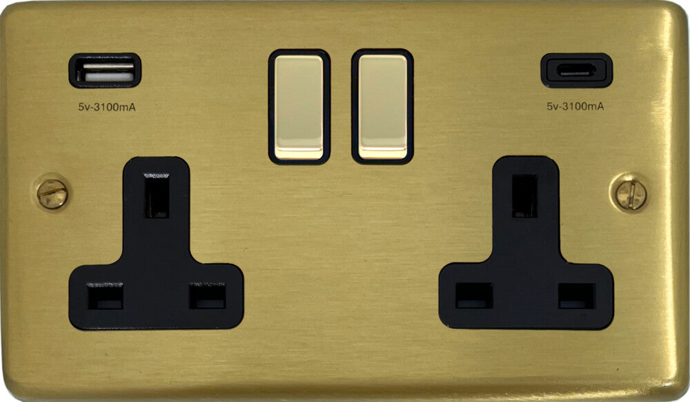 Contour Satin Brass 2 Gang Socket C/W USBC Ports