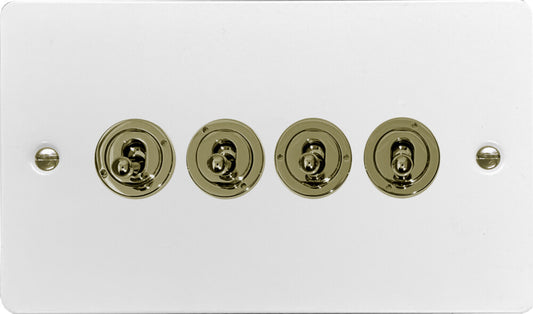 Flat White 4 Gang Toggle (Polished Brass Toggle)
