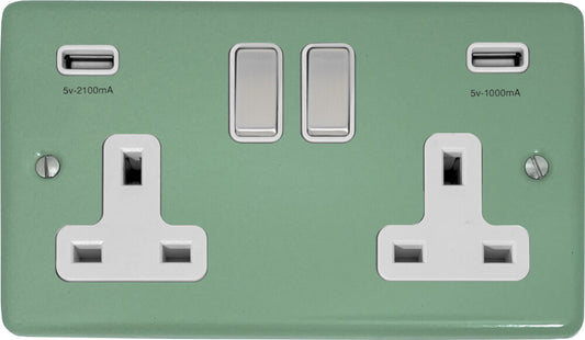 Classic Sage Green Classic 2 Gang Socket with USB (Satin Chrome Switch/White Insert)