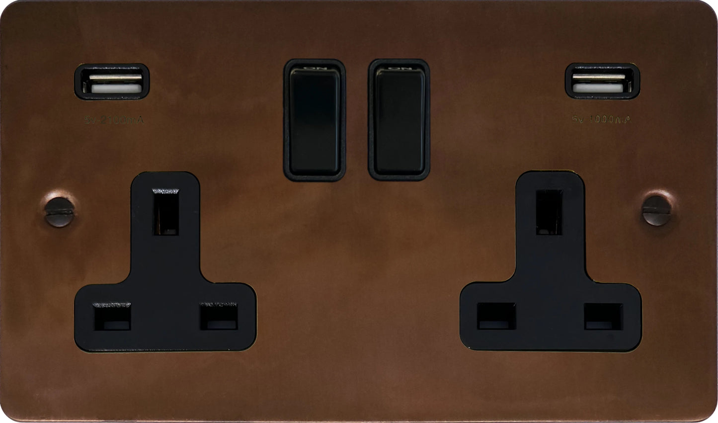 Flat Tarnished Copper  2 Gang Socket with USB