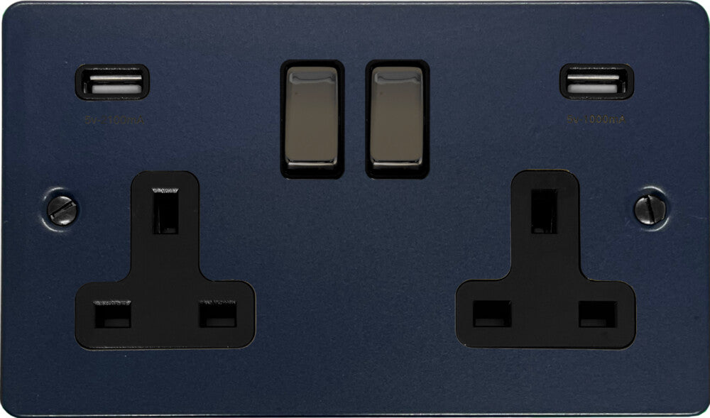 Flat Blue 2 Gang Socket with USB (Black Nickel Switch/Black Insert)