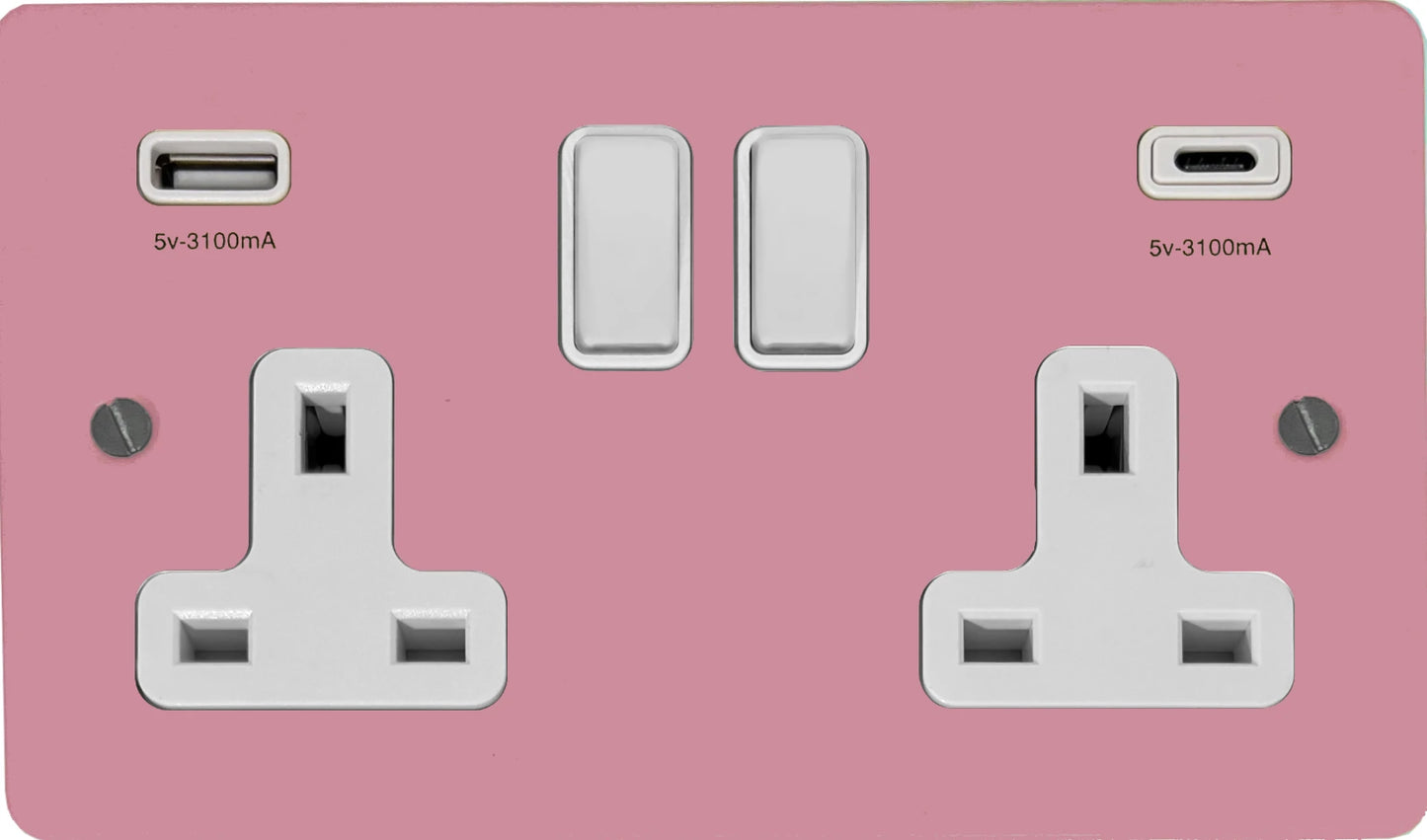 Flat Gloss Pink 2 Gang Socket with USBC (White Switches)