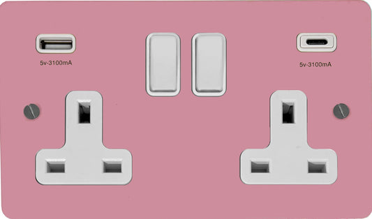 Flat Gloss Pink 2 Gang Socket with USBC (White Switches)