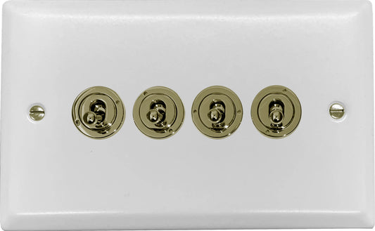 Spectrum Flat White 4 Gang Toggle (Polished Brass Toggle)