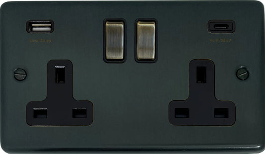 Contour Black Bronze 2 Gang Socket C/W USBC(Antique Brass switch)