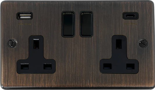 Contour  Antique Copper 2 Gang Socket with USBC