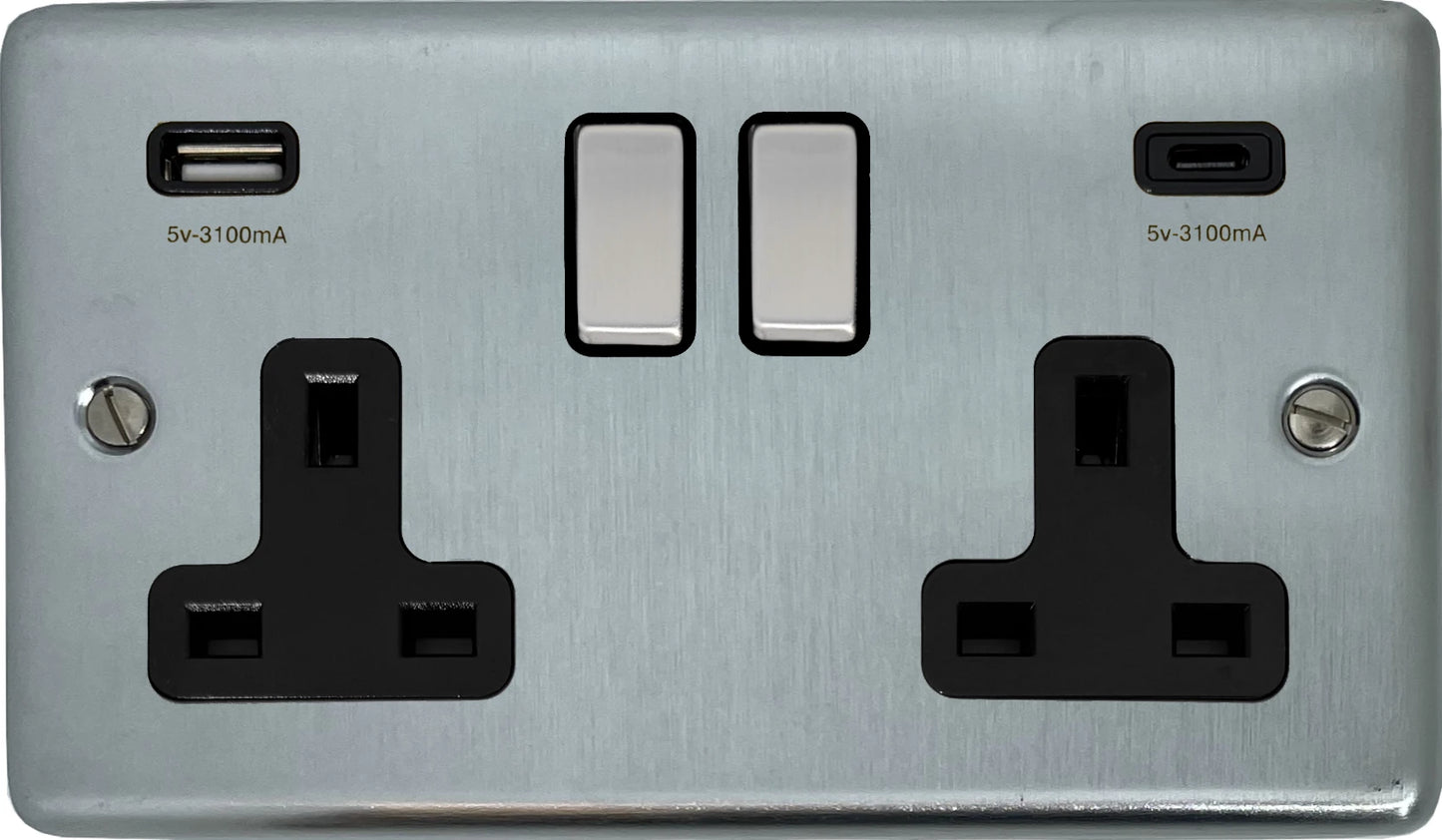 Contour Satin Chrome 2 Gang Socket C/W USBC Ports
