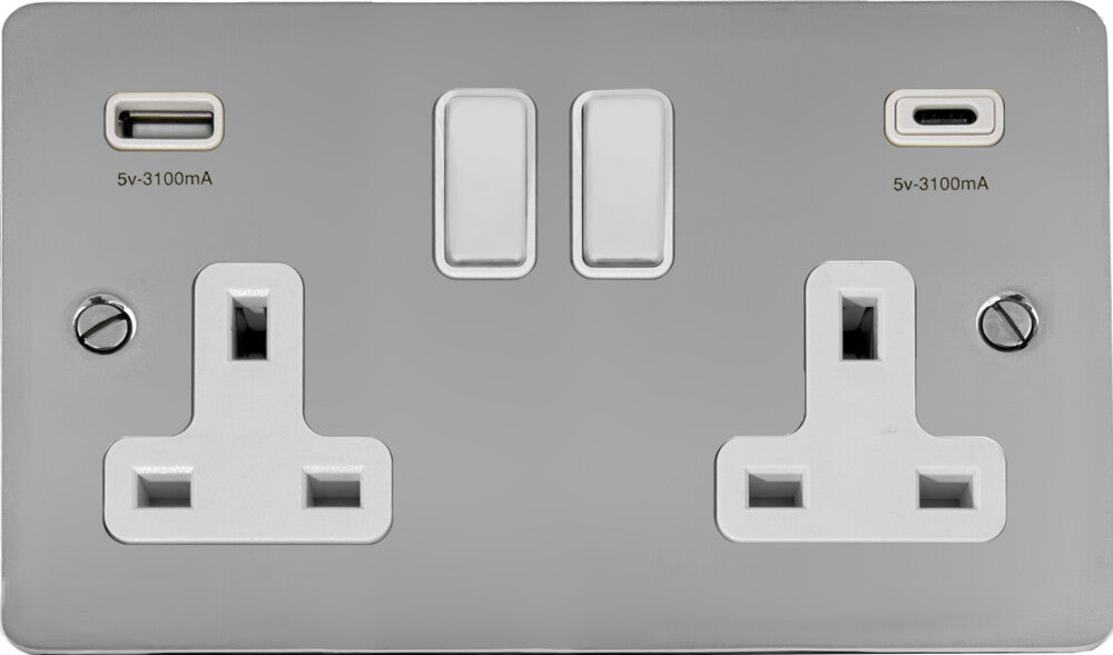 Flat Polished Chrome 2 Gang Socket + USBC