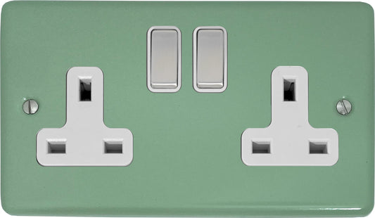 Classic Sage Green 2 Gang Socket (Satin Chrome Switch/White Insert)