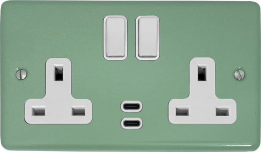 Classic Sage Green 2 Gang Socket with USBC (White Switches)