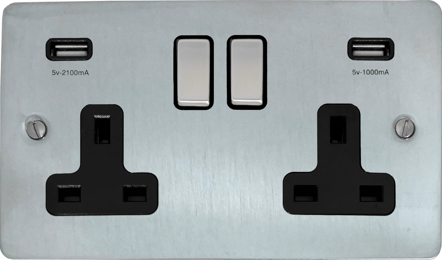 Flat Satin Chrome 2 Gang Socket C/W Usb Ports