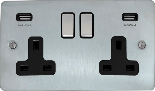 Flat Satin Chrome 2 Gang Socket C/W Usb Ports - Flat range electrical USB socket