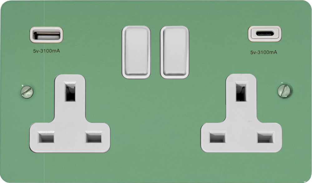Flat Sage Green 2 Gang Socket with USBC (White Switches)