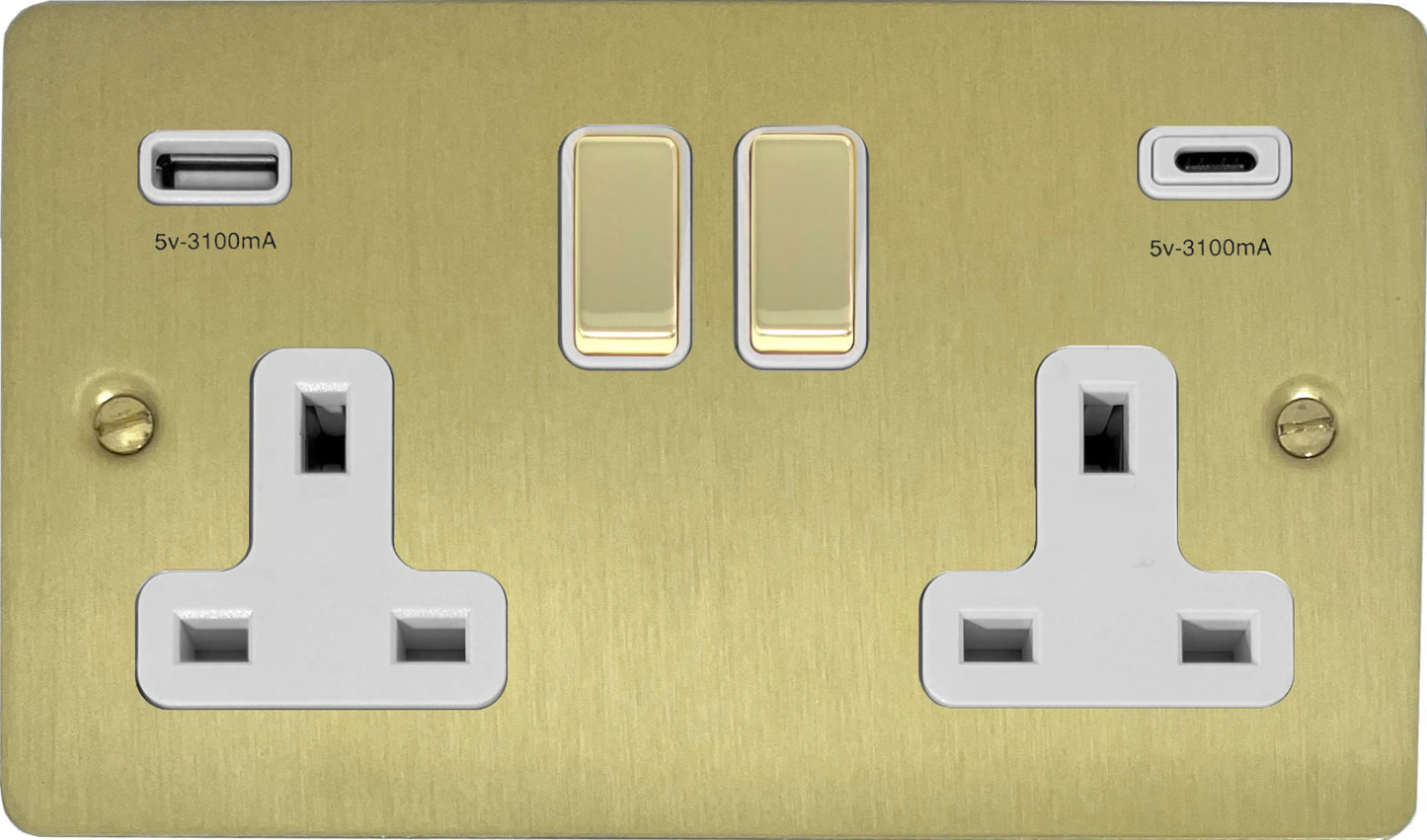 Flat Satin Brass 2 Gang Socket C/W USBC Ports