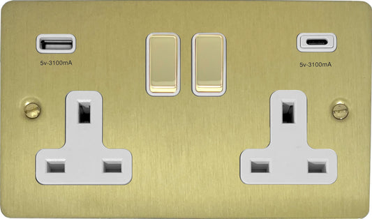Flat Satin Brass 2 Gang Socket C/W USBC Ports