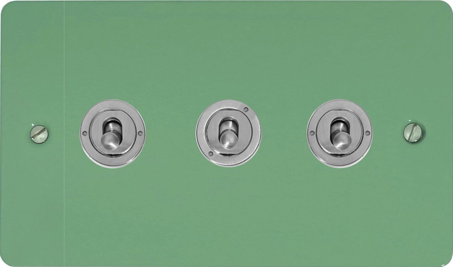 Flat Sage Green 3 Gang Toggle (Brushed Steel Toggle)