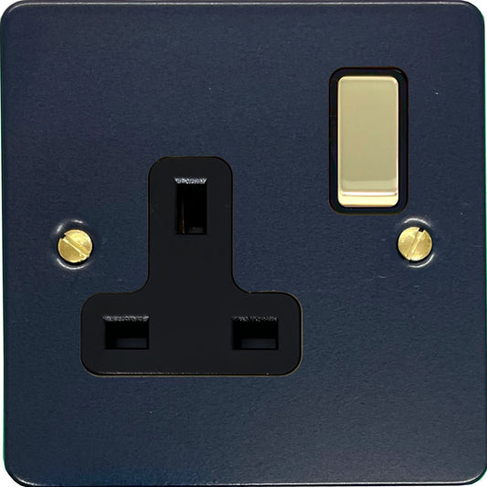 Flat Blue 1 Gang Socket (Polished Brass Switch/Black Insert)