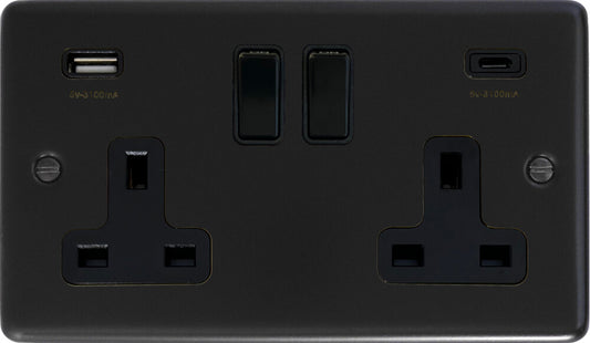 Contour  Flat Black  2 Gang Socket with USBC (Black Switches)