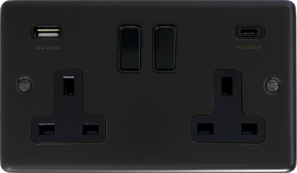 Contour  Flat Black  2 Gang Socket with USBC (Black Switches)