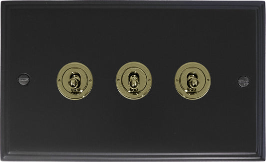 Victorian Flat Black 3 Gang Toggle (Polished Brass Toggle)