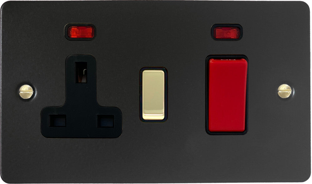 Flat Black 45 Amp Cooker Switch and Socket (Brass Switch)